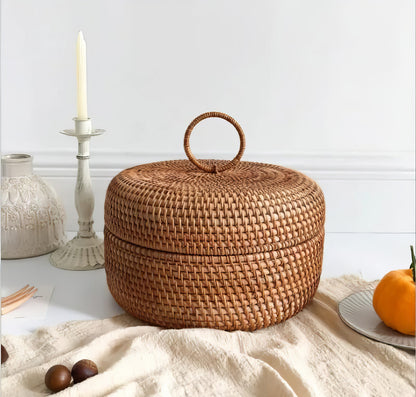 Rattan Yuvarlak Kapaklı Kase Organizer & Dekoratif Kapaklı Düzenleyici