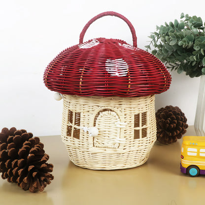 Rattan & Bambu Kırmızı Kapaklı Mantar Çocuk Evi & Dekoratif Çocuk Odası Düzenleyici Organizer