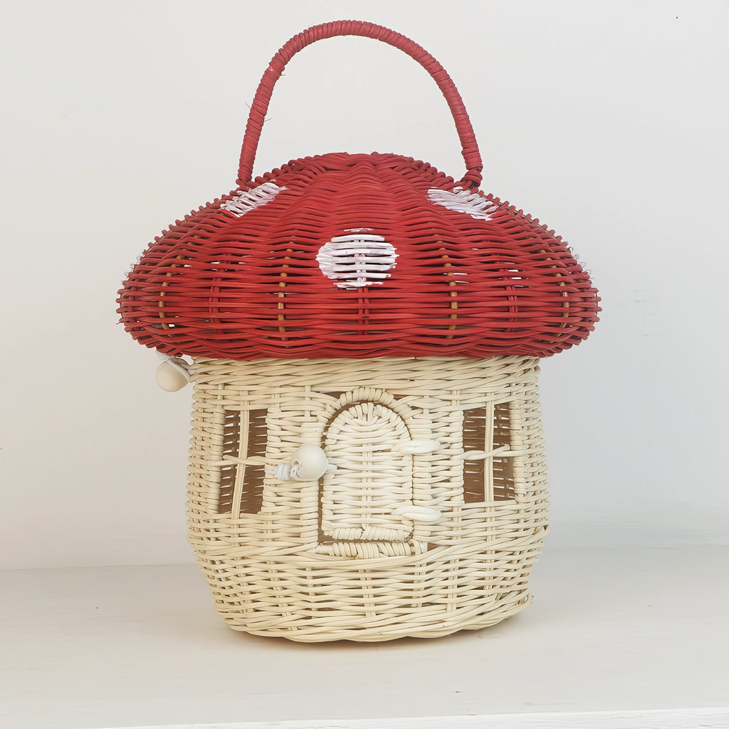 Rattan & Bambu Kırmızı Kapaklı Mantar Çocuk Evi & Dekoratif Çocuk Odası Düzenleyici Organizer
