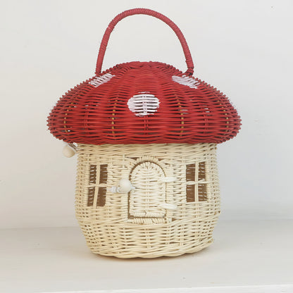 Rattan & Bambu Kırmızı Kapaklı Mantar Çocuk Evi & Dekoratif Çocuk Odası Düzenleyici Organizer