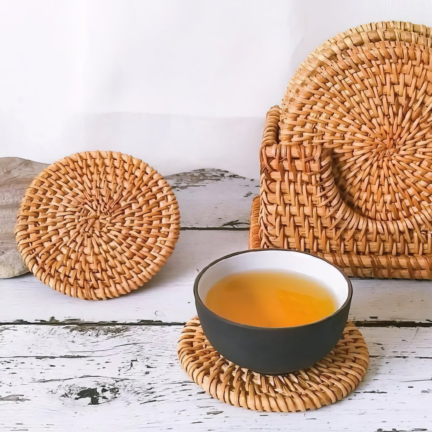 Rattan Yuvarlak Bardak Altlığı 6’lı Set & Dekoratif Bardak Standı