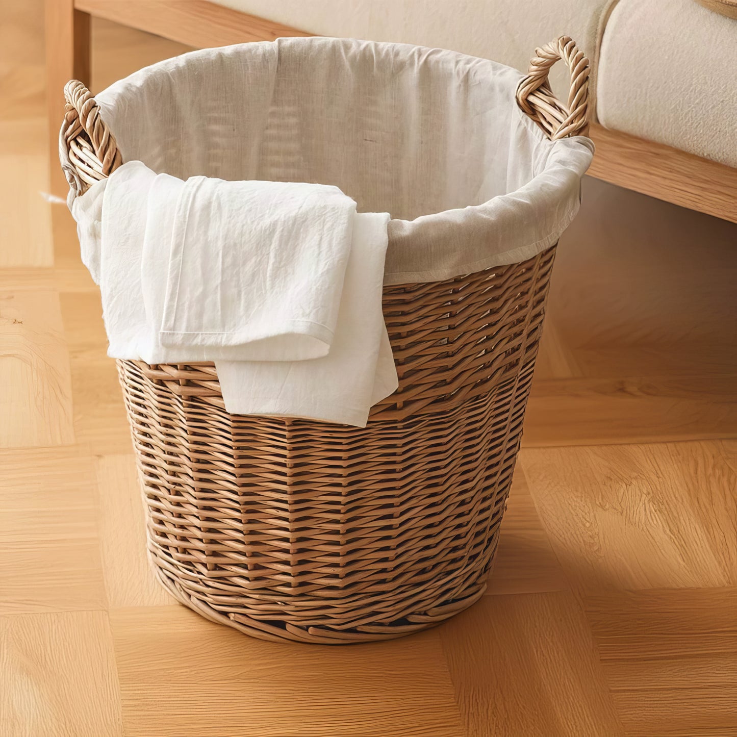 Rattan & Bambu Kulplu Yuvarlak Sepet Organizer & Dekoratif Geniş Depolama Sepeti
