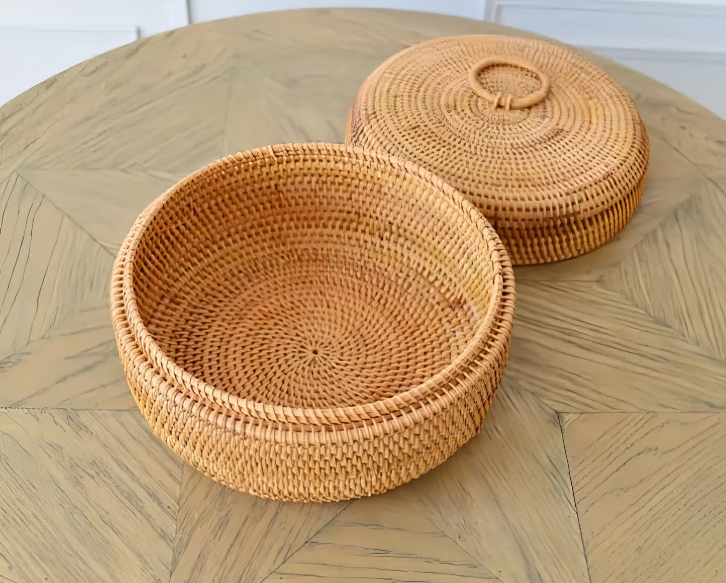 Rattan Yuvarlak Kapaklı Kase Organizer & Dekoratif Kapaklı Düzenleyici