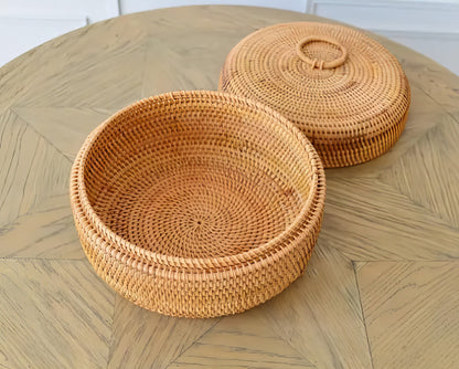 Rattan Yuvarlak Kapaklı Kase Organizer & Dekoratif Kapaklı Düzenleyici