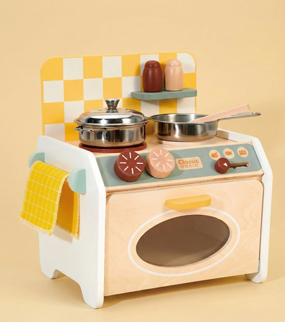 Ahşap Masa Üstü Mini Mutfak Seti - Fırınlı & Ocaklı Oyuncak (8 Parça)