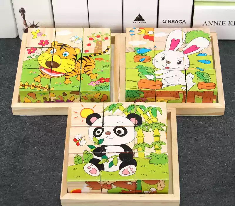 Montessori Ahşap 3'lü 3D Puzzle Seti (Kaplan, Tavşan, Panda)