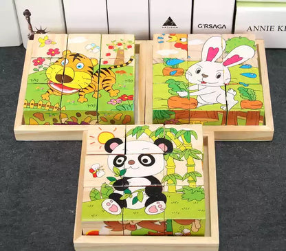 Montessori Ahşap 3'lü 3D Puzzle Seti (Kaplan, Tavşan, Panda)