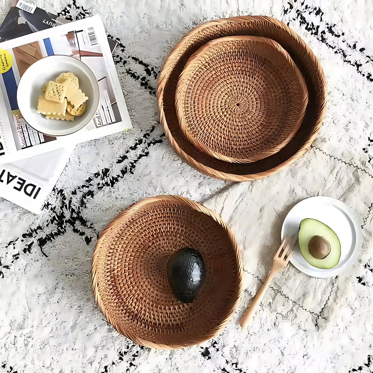 Dalgalı Kenar Rattan Tepsi Organizer & Dekoratif Dalgalı Düzenleyici M