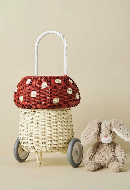 Rattan & Bambu Kırmızı Mantar Figürlü Pazar Arabası & Çocuk Odası Dekoratif Organizer