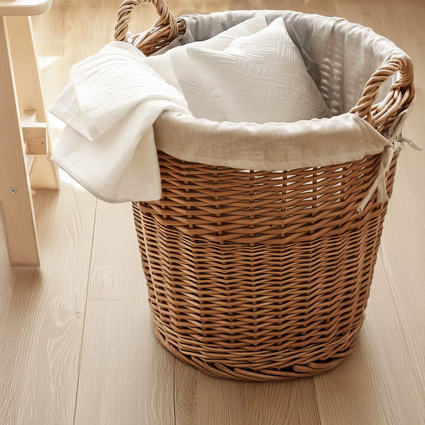 Rattan & Bambu Kulplu Yuvarlak Sepet Organizer & Dekoratif Geniş Depolama Sepeti