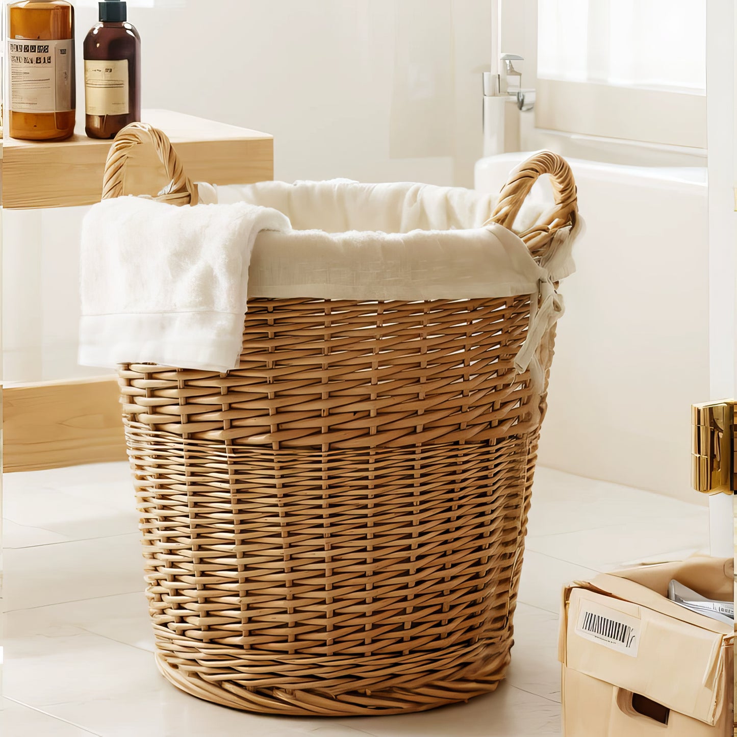 Rattan & Bambu Kulplu Yuvarlak Sepet Organizer & Dekoratif Geniş Depolama Sepeti