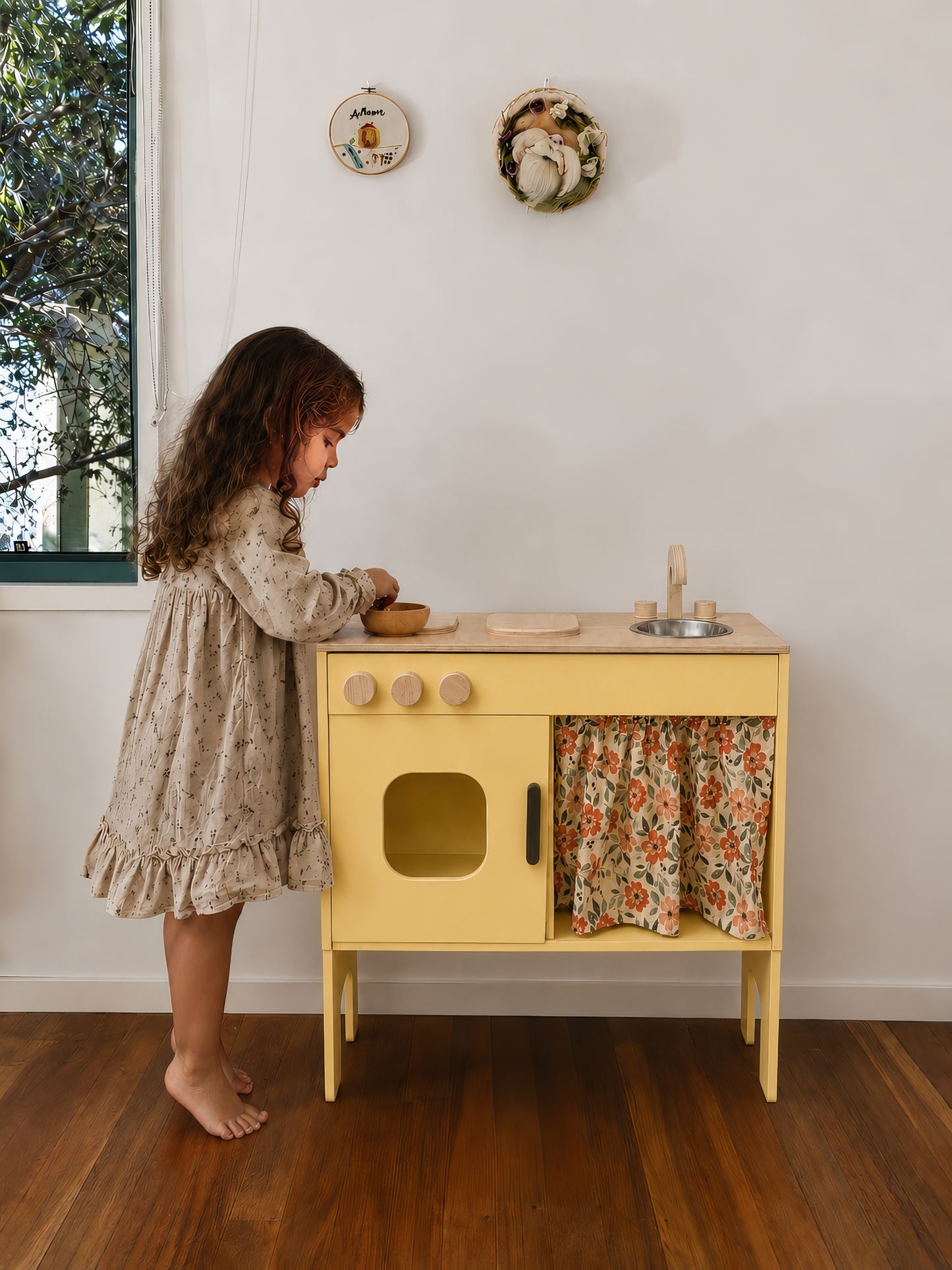 Sarı Oyuncak Mutfak Ahşap, Montessori Mutfak Seti, Kreş Anaokulu Oyun Evi Mutfağı