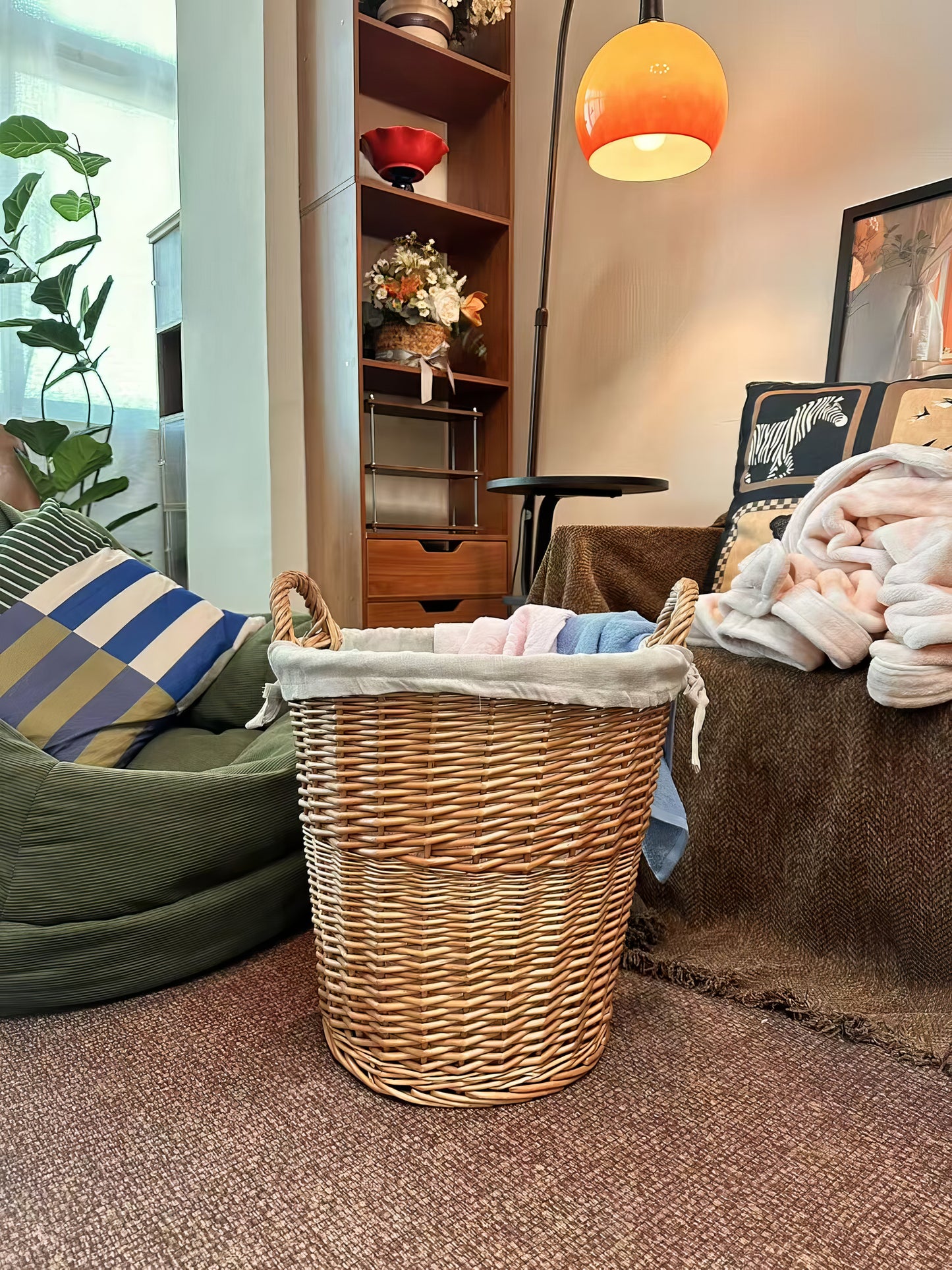 Rattan & Bambu Kulplu Yuvarlak Sepet Organizer & Dekoratif Geniş Depolama Sepeti