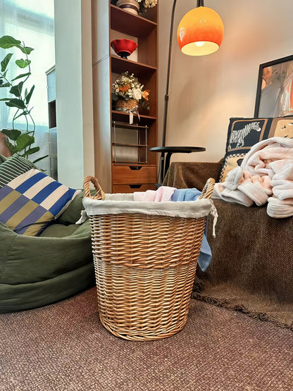 Rattan & Bambu Kulplu Yuvarlak Sepet Organizer & Dekoratif Geniş Depolama Sepeti