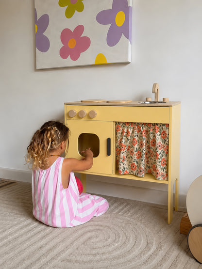 Sarı Oyuncak Mutfak Ahşap, Montessori Mutfak Seti, Kreş Anaokulu Oyun Evi Mutfağı