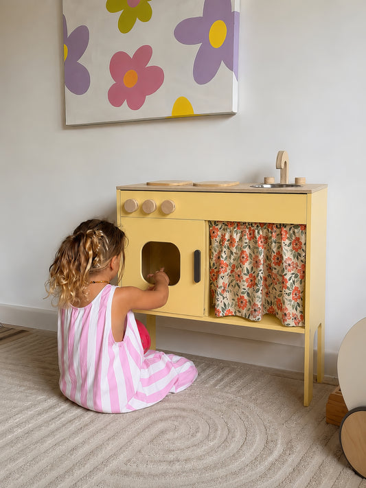 Sarı Oyuncak Mutfak Ahşap, Montessori Mutfak Seti, Kreş Anaokulu Oyun Evi Mutfağı