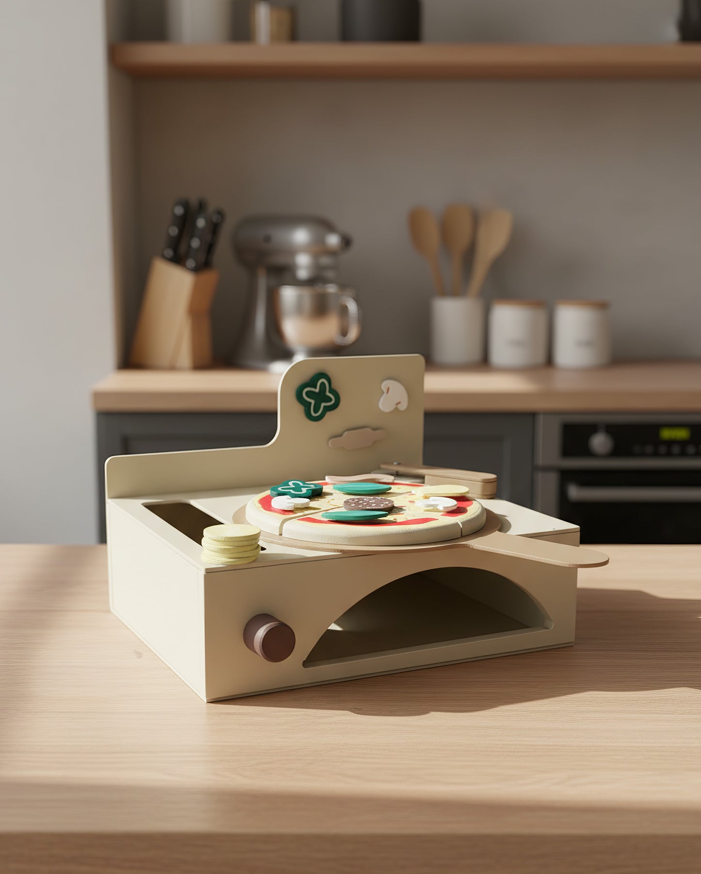 TR/ Montessori Ahşap Fırınlı Pizza Oyuncak Seti - 13 Parça Eğitici Mutfak Oyunu (3 Yaş+)Türkiyeden Gönderim
