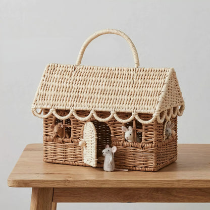 Rattan & Bambu Dikdörtgen Kapaklı Çocuk Evi & Dekoratif Çocuk Odası Organizer Sepet