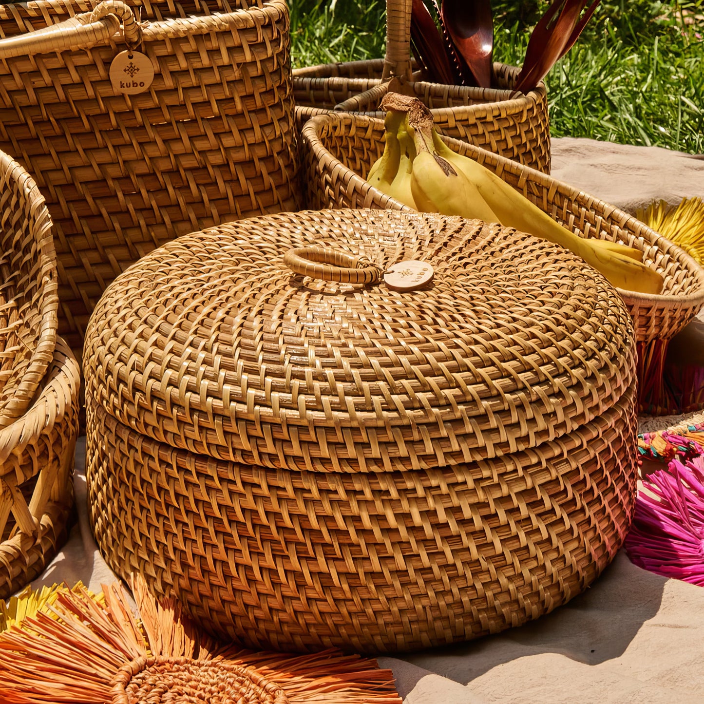 Rattan Yuvarlak Kapaklı Kase Organizer & Dekoratif Kapaklı Düzenleyici