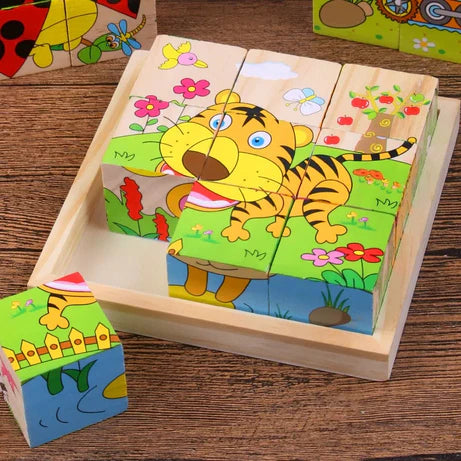 Montessori Ahşap 3'lü 3D Puzzle Seti (Kaplan, Tavşan, Panda)