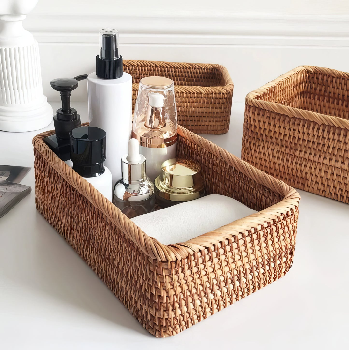 Dikdörtgen Rattan Banyo, Makyaj ve Mutfak Organizeri & Çok Amaçlı Düzenleyici