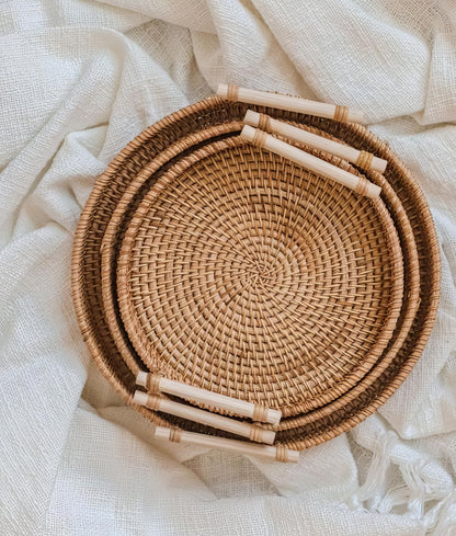 Rattan Kulplu Yuvarlak Tepsi Organizer & Dekoratif Mutfak, Banyo ve Makyaj Sunum Tepsisi