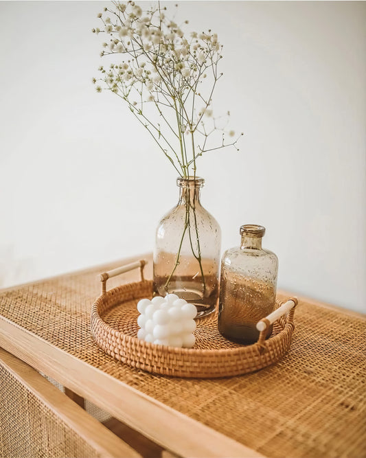 Rattan Kulplu Yuvarlak Tepsi Organizer & Dekoratif Mutfak, Banyo ve Makyaj Sunum Tepsisi