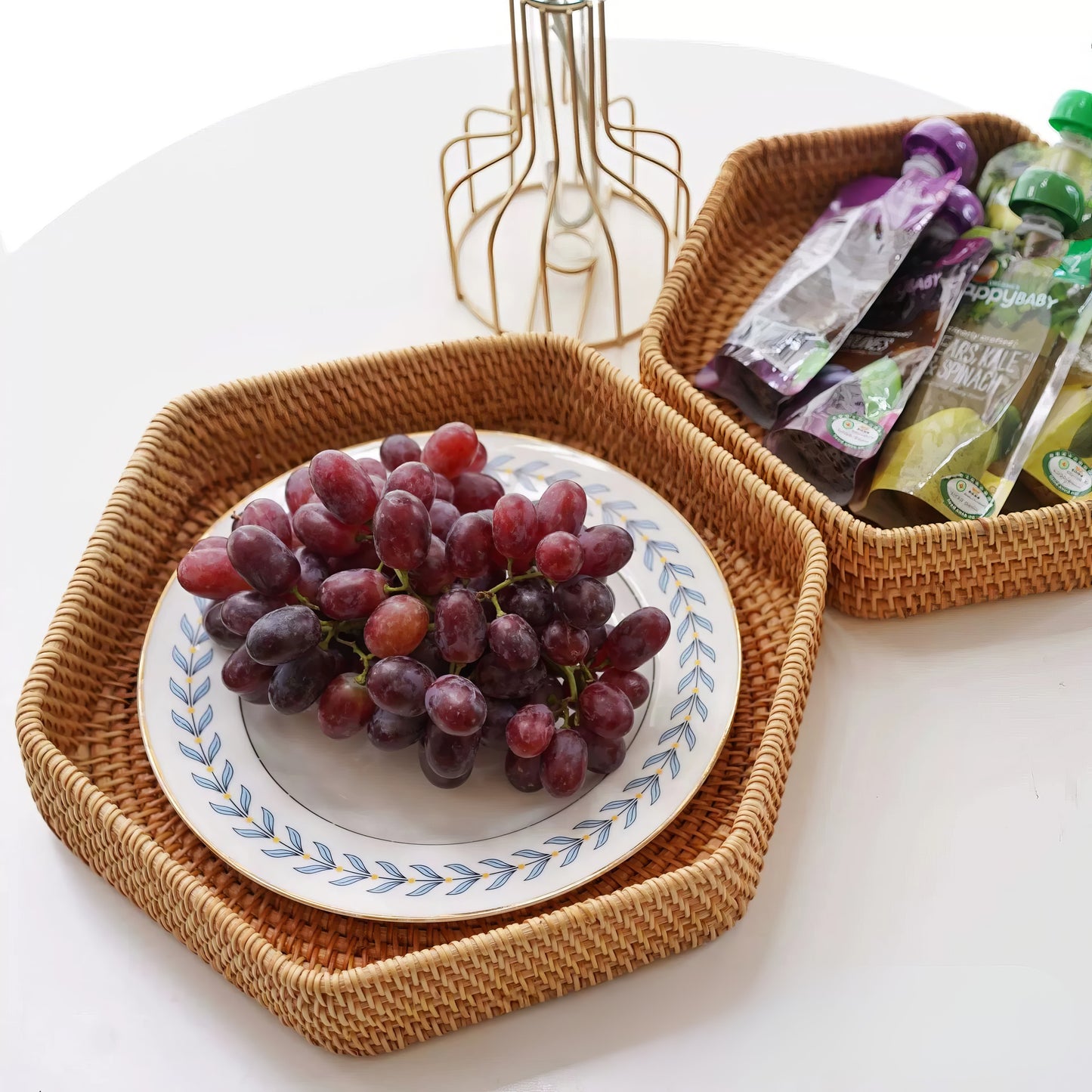 Rattan Altıgen Tepsi Organizer & Dekoratif Mutfak, Banyo ve Makyaj Sunum Tepsisi