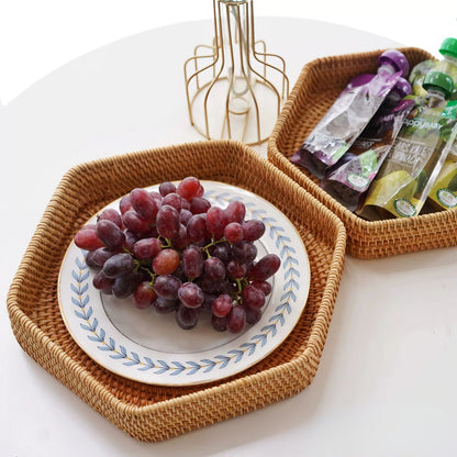 Rattan Altıgen Tepsi Organizer & Dekoratif Mutfak, Banyo ve Makyaj Sunum Tepsisi