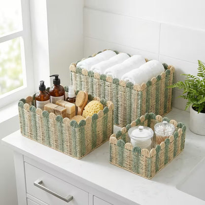 Yeşil Çizgili Sepet Organizer & Çok Amaçlı Makyaj, Mutfak ve Banyo Düzenleyici M