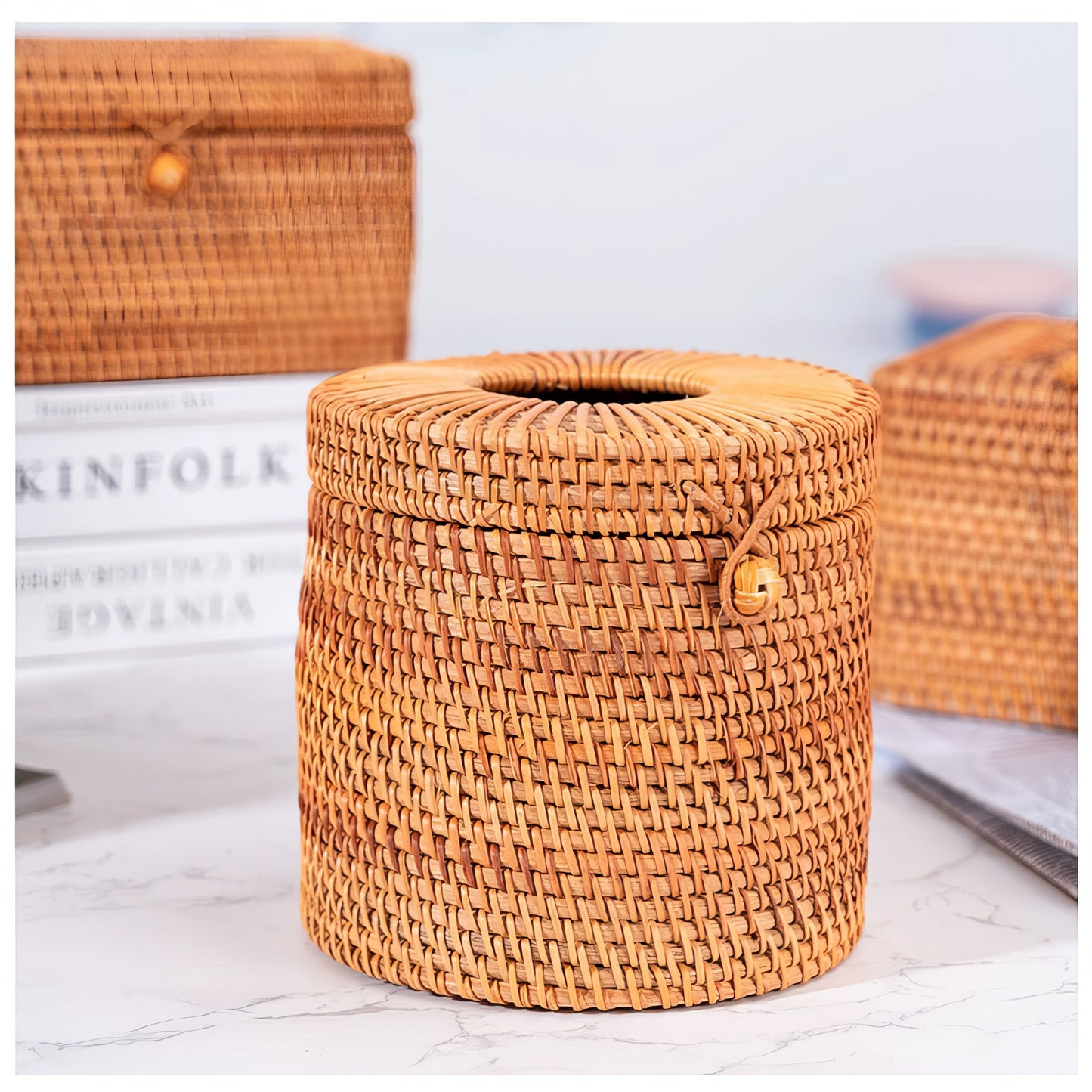 Rattan Yuvarlak Selpaklık & Dekoratif Kağıt Mendil ve Organizer Düzenleyici