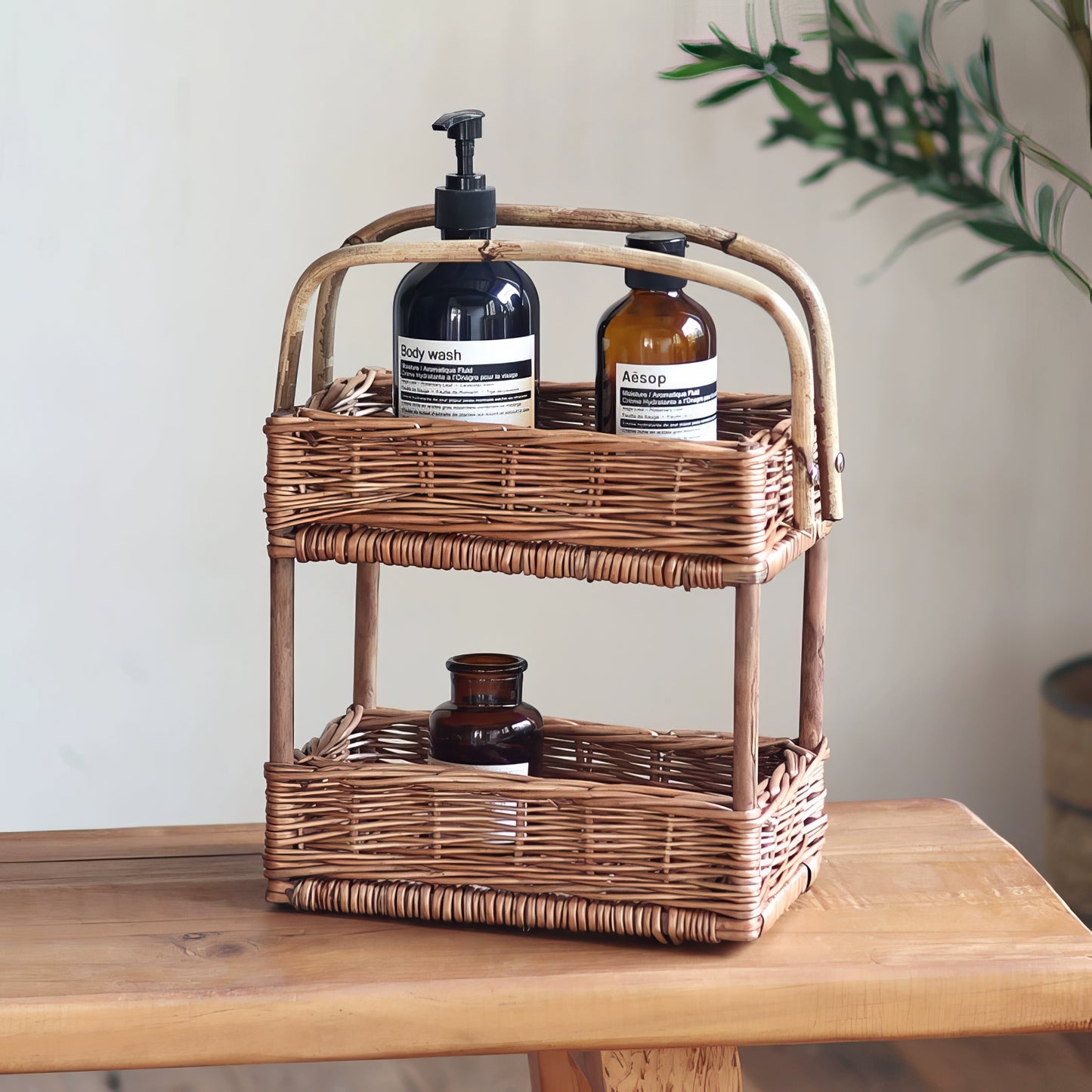 Rattan & Bambu 2 Katlı Organizer & Çok Amaçlı Banyo, Makyaj ve Mutfak Düzenleyici