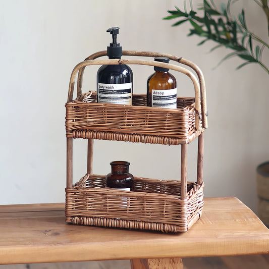 Rattan & Bambu 2 Katlı Organizer & Çok Amaçlı Banyo, Makyaj ve Mutfak Düzenleyici