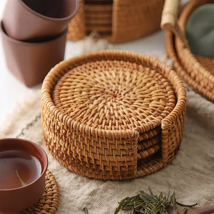 Düz Yuvarlak Rattan Bardak Altlığı 6’lı Set & Minimalist Dekoratif Bardak Standı