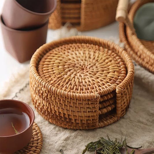 Düz Yuvarlak Rattan Bardak Altlığı 6’lı Set & Minimalist Dekoratif Bardak Standı