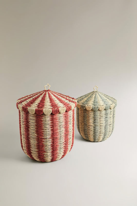 Kırmızı ve Yeşil Çizgili Yıldızlı Sepet & Dekoratif Çocuk Odası ve Oturma Odası Düzenleyici